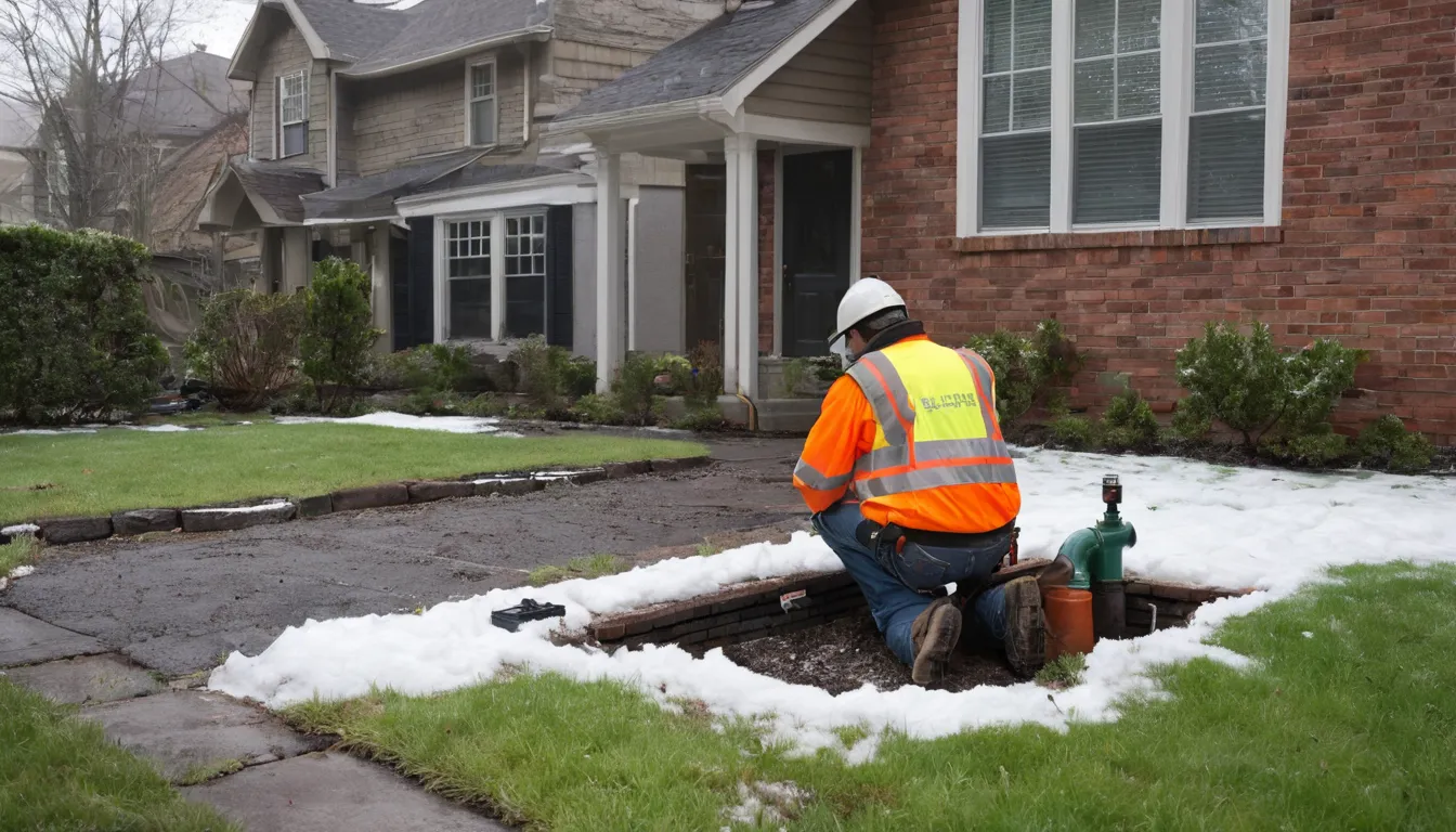 Provider inspecting a sewer cleanout beside a home foundation in Glassboro